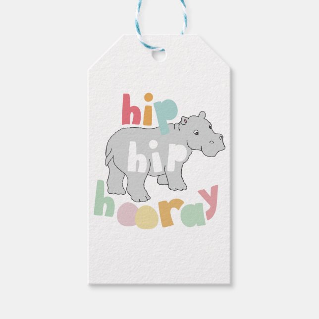 ip Hip Hooray Grått Hippo Teckning Cute Animal Art Presentetikett (Framsidan)