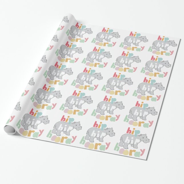 ip Hip Hooray Grått Hippo Teckning Cute Animal Art Presentpapper (Utrullad)