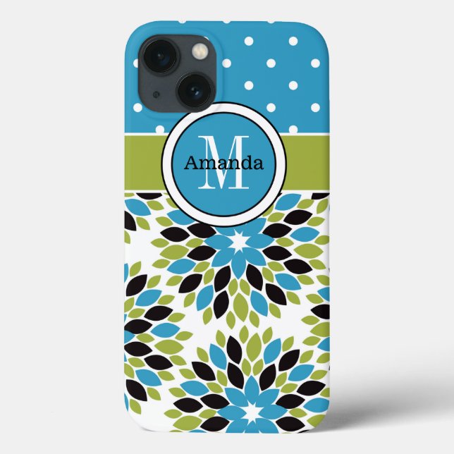 iPad Mini-ärende | Blommigt, punkter | Blått, Grön (Baksida)