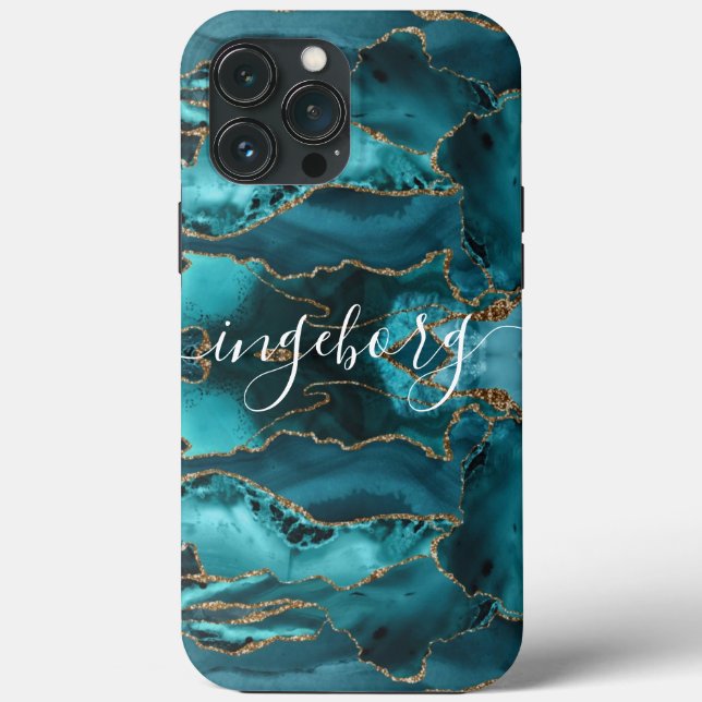 iPhone-fodral - Marmorblå Teal Guldådror (Baksida)