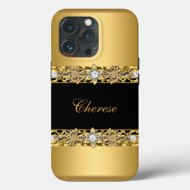 iPhone Svart Blommig Falskt Guld (Baksida )