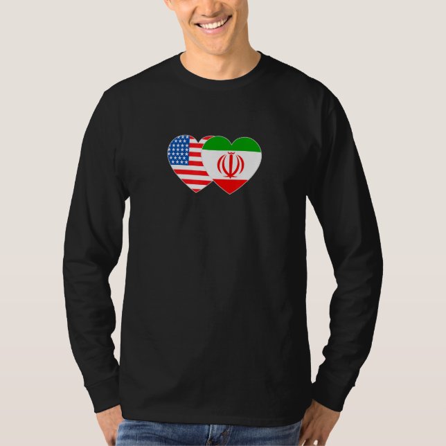 Iran and USA Flag Twin Heart for Iranian Americans T Shirt (Framsida)