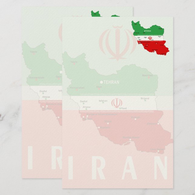 Iran Kart med Flagga och Emblem Brevpapper (Fram/baksida)