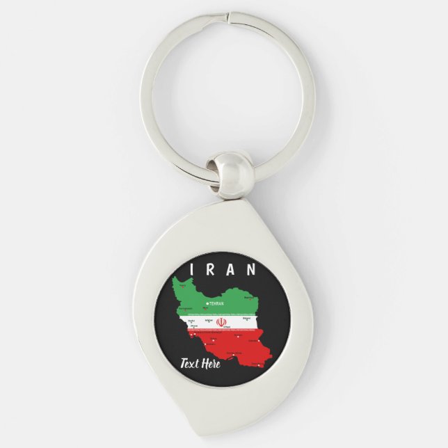 Iran Kart med flagga och emblem Swirl Silverfärgad Nyckelring (Framsidan)