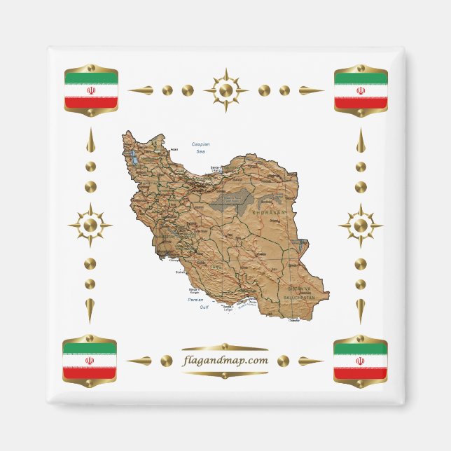 Iran Karta + Flaggor Magnet (Framsidan)