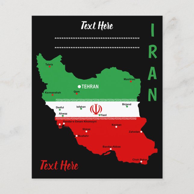 Iran karta med flagga och emblem flygblad (Framsidan)