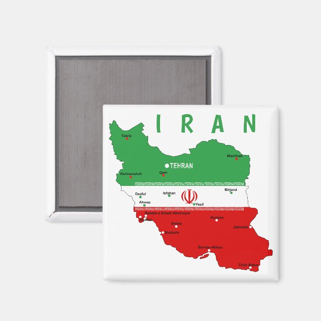 Iran karta med flagga och emblem magnet (Front/Back)