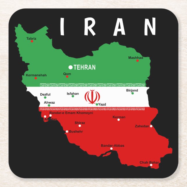 Iran karta med flagga och emblem underlägg papper kvadrat (Framsidan)