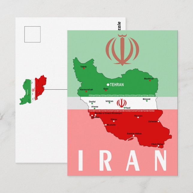 Iran Karta med flagga och emblem Vykort (Fram/baksida)