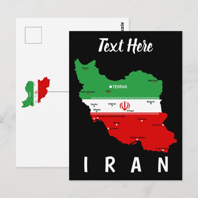 Iran karta med flagga och emblem vykort (Fram/baksida)