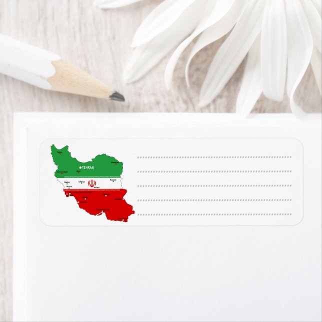 Iran Map with Flag and Emblem Returadress Etikett (Insitu)
