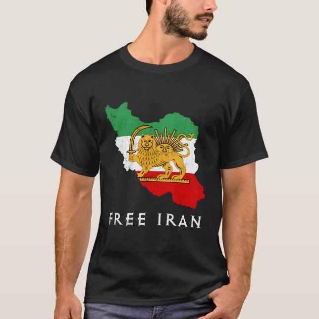 Irans Flagga Karta Lejona Sol Sword Free Iran Supp T Shirt (Framsida)