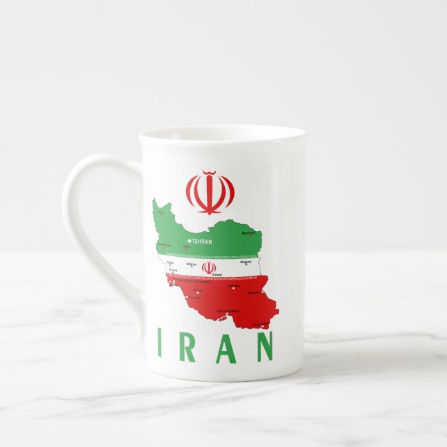 Irans karta med flagga och emblem benporslin mugg (Vänster)