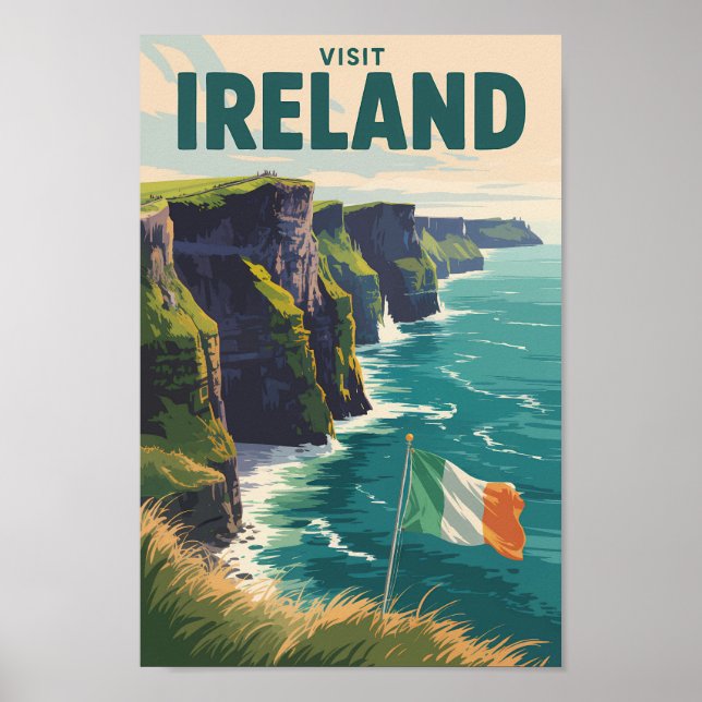 Ireland Cliffs of Moher Illustration Travel Art Poster (Framsidan)