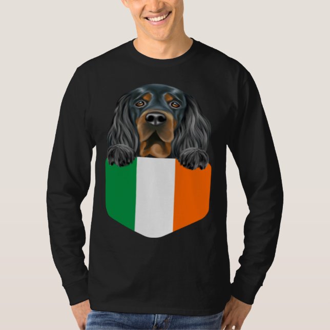 Ireland Flag Gordon Setter Dog In Pocket T Shirt (Framsida)