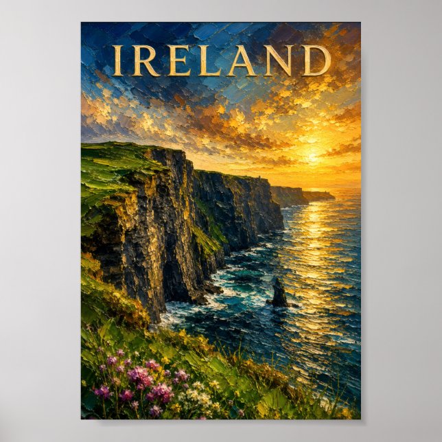 Ireland: Vibrant Sunset Cliffs Moher Art Souvenir Poster (Framsidan)