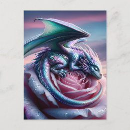 Iridescent Baby Dragon Asov på Rosa ros Vykort