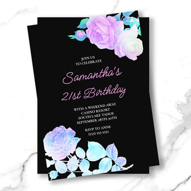 Iridescent Blommigt Black and Rosa 21:a födelsedag Inbjudningar (Iridescent Floral Black and Pink 21st Birthday Invitation)