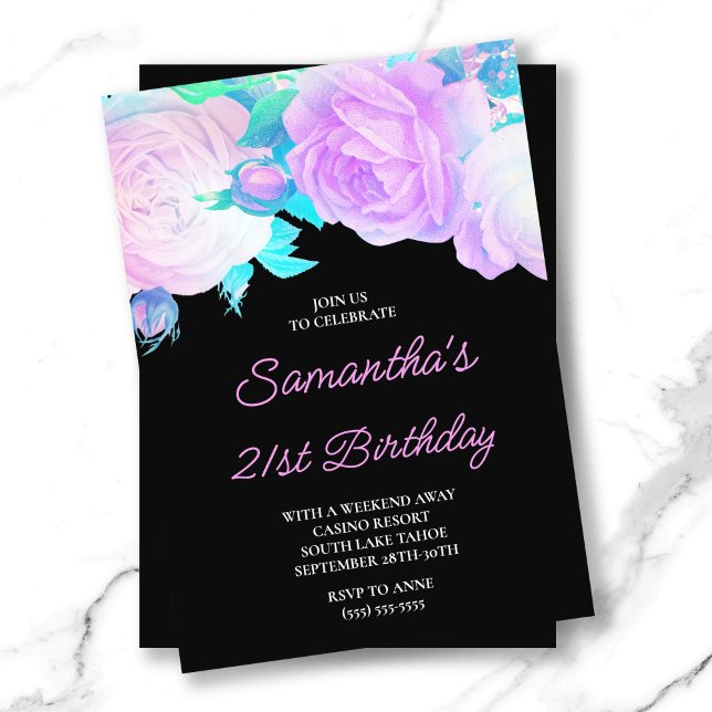 Iridescent Blommigt Rosa och svart 21:a födelsedag Inbjudningar (Iridescent Floral Pink and Black 21st Birthday Invitation)