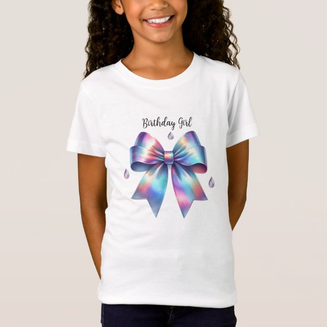 Iridescent Bow Birthday Girl T Shirt (Framsida)