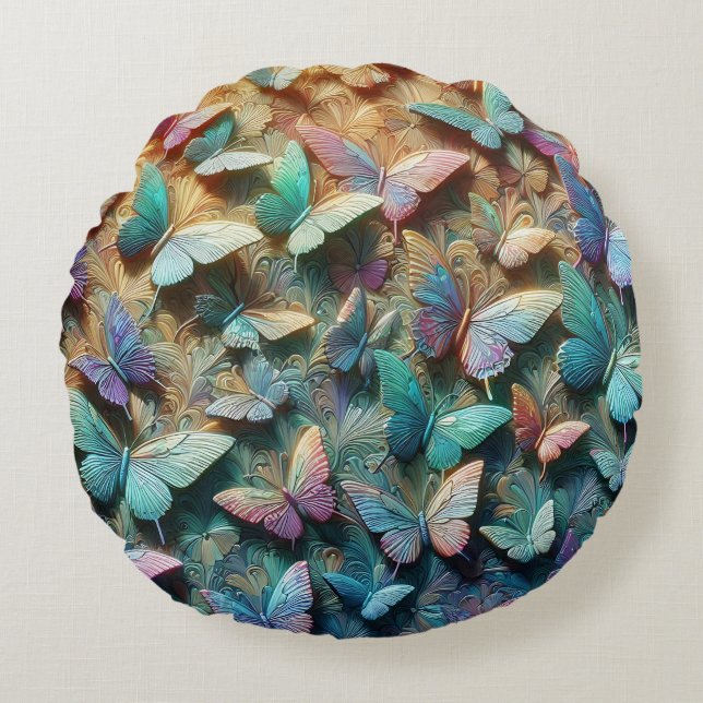 Iridescent Butterfly Garden Rund Kudde (Framsidan)