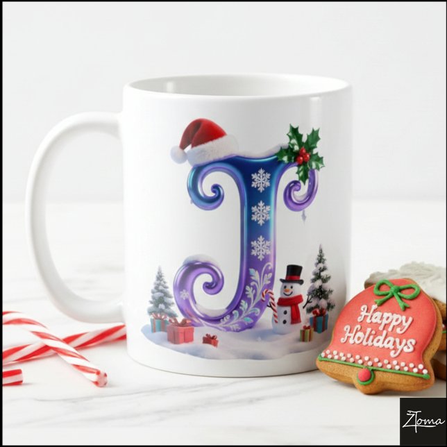 Iridescent Christmas Letter J with Snowman Kaffemugg (Skapare uppladdad)