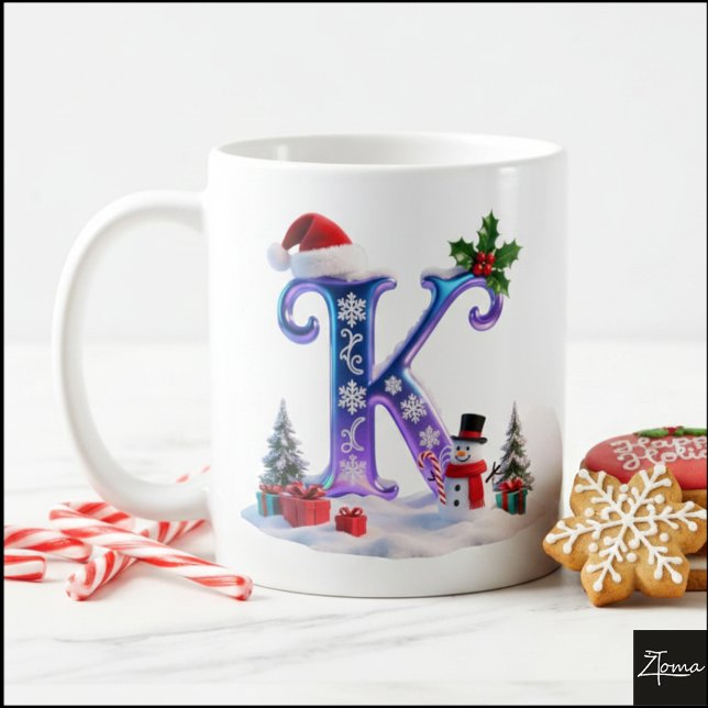 Iridescent Christmas Letter K with Snowman Kaffemugg (Skapare uppladdad)