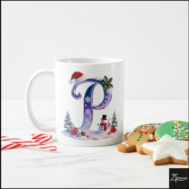 Iridescent Christmas Letter P with Snowman Kaffemugg (Skapare uppladdad)