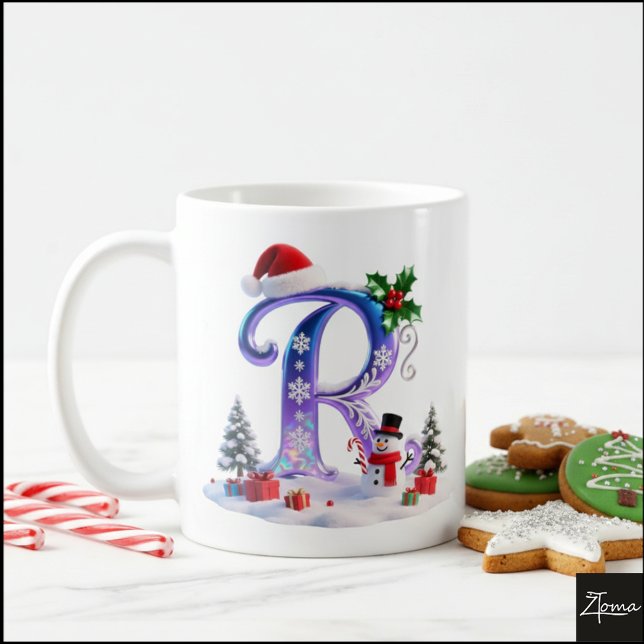 Iridescent Christmas Letter R with Snowman Kaffemugg (Skapare uppladdad)