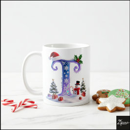 Iridescent Christmas Letter T with Snowman Kaffemugg
