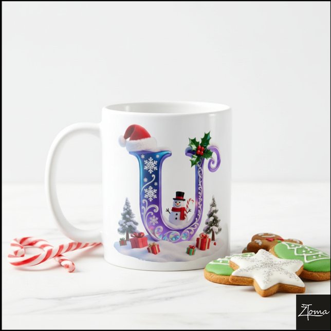 Iridescent Christmas Letter U with Snowman Kaffemugg (Skapare uppladdad)