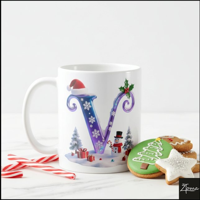 Iridescent Christmas Letter V with Snowman Kaffemugg (Skapare uppladdad)
