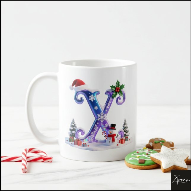 Iridescent Christmas Letter X with Snowman Kaffemugg (Skapare uppladdad)