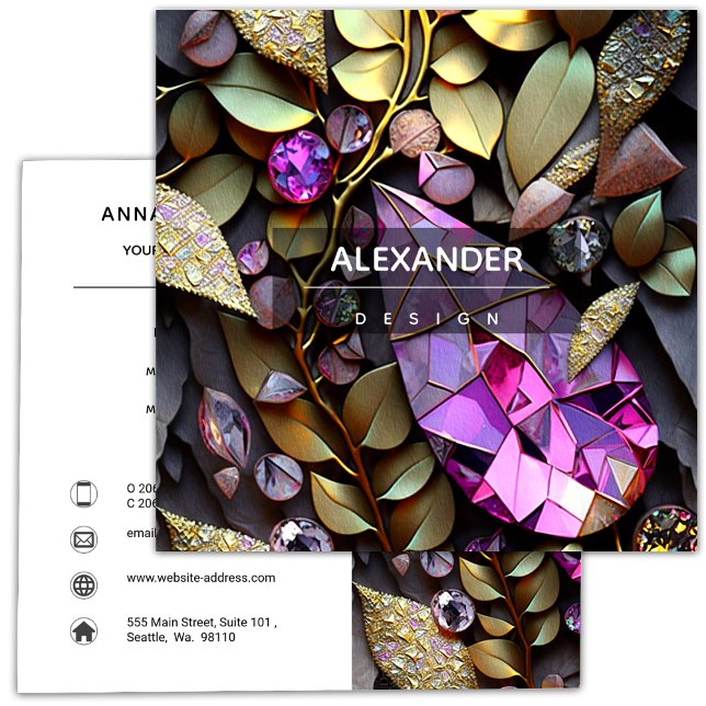 Iridescent Crystal Gemstones, Rosa,Fuchsia,Guld Fyrkantigt Visitkort (Skapare uppladdad)