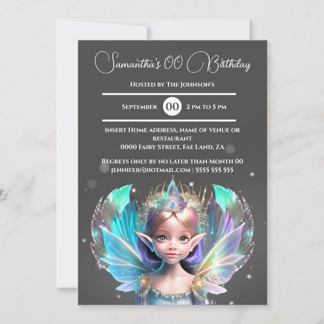 Iridescent fairy princess shimmer whimsical vingar inbjudningar (Framsida)