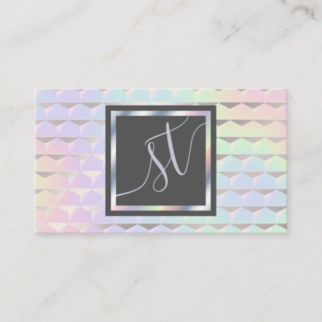 Iridescent Faux Holografiska Mönster Monogram Visitkort (Framsida)