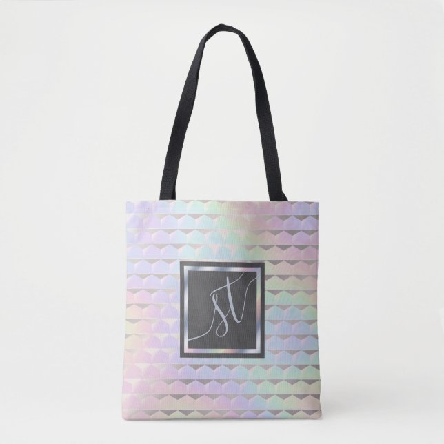 Iridescent Faux Holographic Mönster Monogram Tygkasse (Framsida)