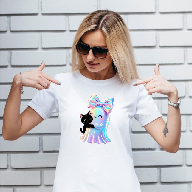 Iridescent Ghost och Black Cat Cute Girly Hallowee T Shirt (Cute Holographic Ghost & Black Cat T-Shirt Spooky Season Style)