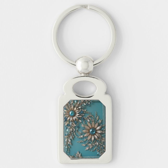 Iridescent glass beaded Keychain  Rektangulärt Silverfärgad Nyckelring (Framsidan)