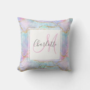 Iridescent guld glitter agate monogram kudde