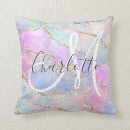 Iridescent guld glitter agate monogram kudde