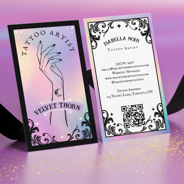 Iridescent Holographic Gothic Body Tattoo Artist Visitkort (Iridescent Holographic Gothic Body Tattoo Artis Business Card)