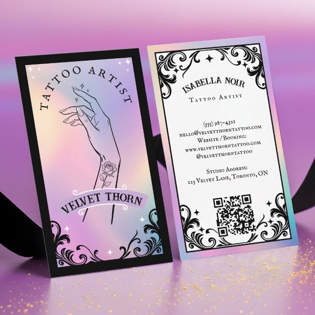Iridescent Holographic Gothic Tattoo Artist Visitkort (Iridescent Holographic Tattoo Artist Business Card)