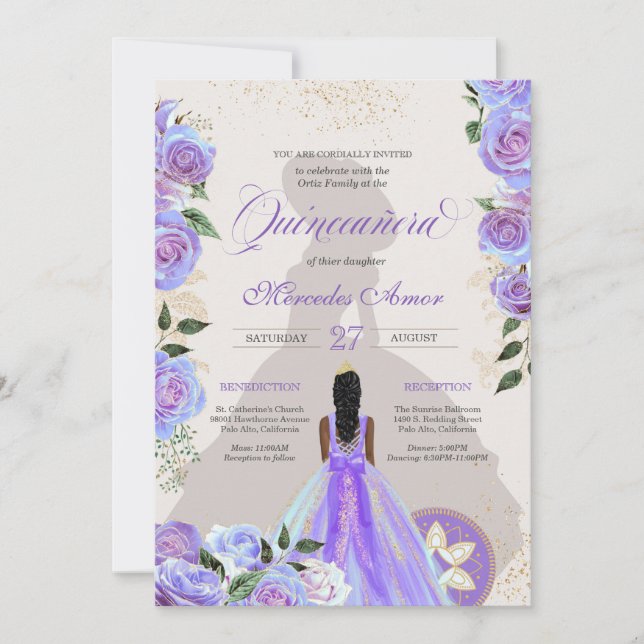 Iridescent Lila Blue Finare Charro Quinceanera Inbjudningar (Framsida)