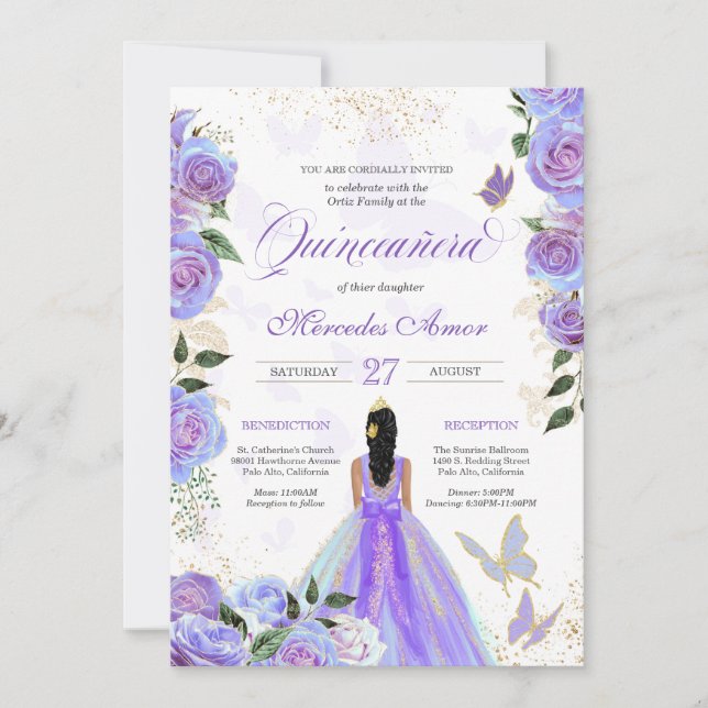 Iridescent Lila Butterflies Mariposa Quinceanera Inbjudningar (Framsida)