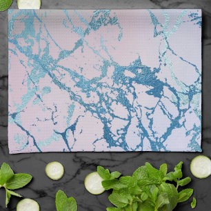 Iridescent Marble Trendig Faux Holo Blue Rosa Kökshandduk