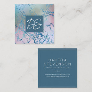 Iridescent Marble Trendig Faux Holo Monogram Fyrkantigt Visitkort