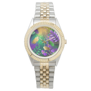 Iridescent mardi gras-bakgrund med pärlor armbandsur