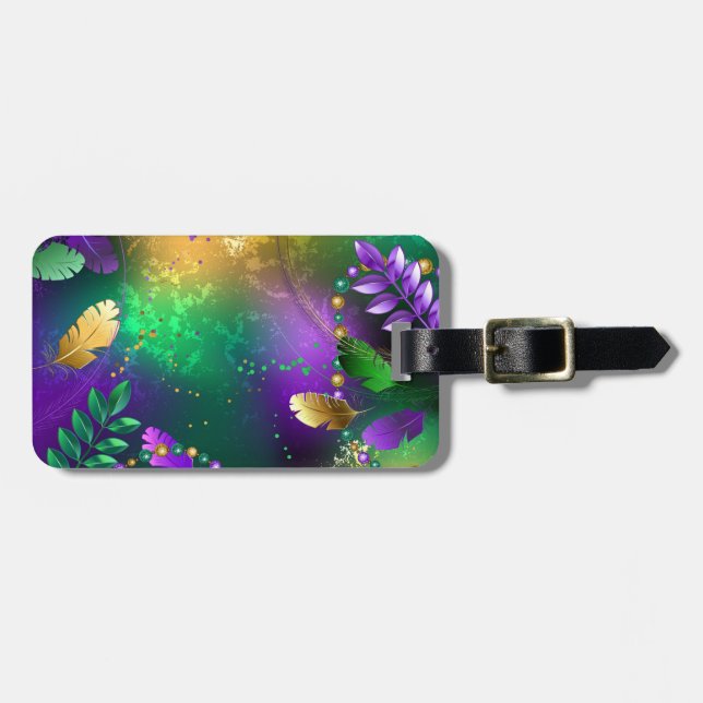 Iridescent mardi gras-bakgrund med pärlor bagagebricka (Horisontell Framsida)