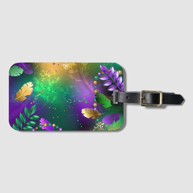 Iridescent mardi gras-bakgrund med pärlor bagagebricka (Framsida horisontal)